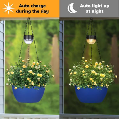SUNNYPARK 2 Packs Hanging Planters Basket for Outdoor Plants, Solar Powered Self Watering Blue Round Plastic Flower Pots with Drainer for Balcony Patio Garden Outdoor Decoration