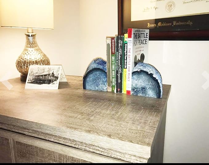 JIC Gem Agate Decorative Book Ends Blue Gemstone Geode Bookends Cool Crystal Bookends for Shelves Book Ends for Heavy Duty Books with Rubber Bumpers for Office and Home Décor (1 Pair,4-6 LBS)