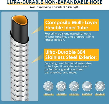 50 FT Stainless Steel Garden Hose with 10-Function Spray Nozzle, Kink-Free Flexible Metal Water Hose, Solid Brass 3/4'' Connectors, Heavy Duty, Durable, Leak-Proof, Lightweight, Tangle-Free