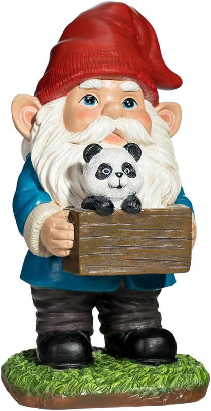 Panda Gnome Garden Statue - 9 Inch Funny Outdoor Gnomes with Wooden Sign - Weather Resistant Yard and Home Decor - Unique Gift for Women, Men, Present for Christmas & Garden Enthusiasts