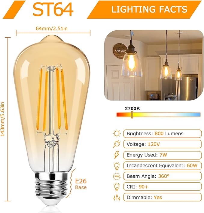 12Packs ST64 Large Vintage LED Edison Bulbs, 60W Equivalent 7W, 800Lumens, Dimmable Antique LED Filament, 2700K Amber Warm White, E26 Medium Base Light Bulbs High Brightness for Bedroom Office
