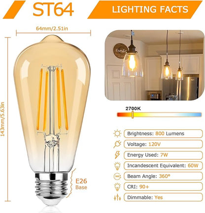 12Packs ST64 Large Vintage LED Edison Bulbs, 60W Equivalent 7W, 800Lumens, Dimmable Antique LED Filament, 2700K Amber Warm White, E26 Medium Base Light Bulbs High Brightness for Bedroom Office