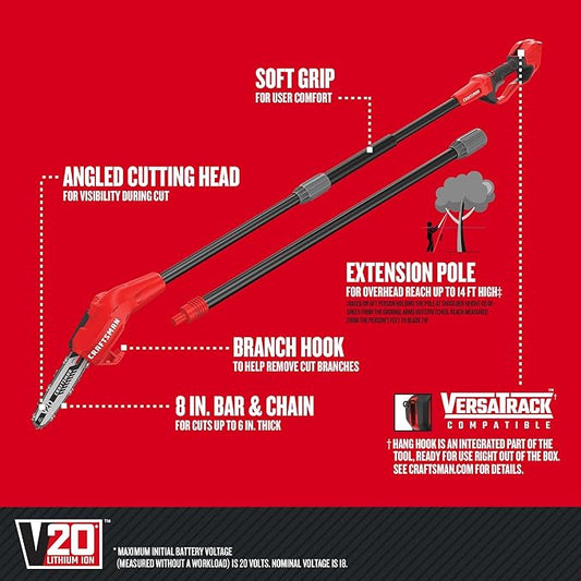 CRAFTSMAN Pole Saw, Pole Saws for Tree Trimming, Cordless V20 Tool-Only Tree Trimmer, Up to 14 Ft Extended Reach (CMCCSP20B)