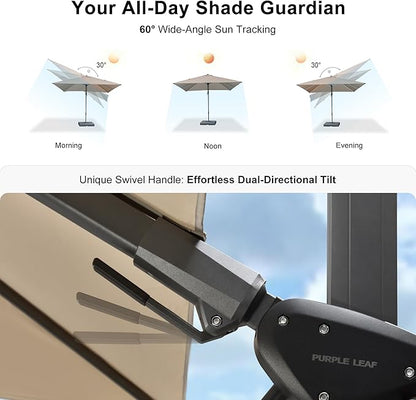 PURPLE LEAF 11.5' X 8.2' Tilting Patio Umbrella with Base Outdoor Cantilever Swivel Rectangle Umbrella Aluminum Offset Umbrella with 360-degree Rotation for Garden Deck Pool Patio Beige