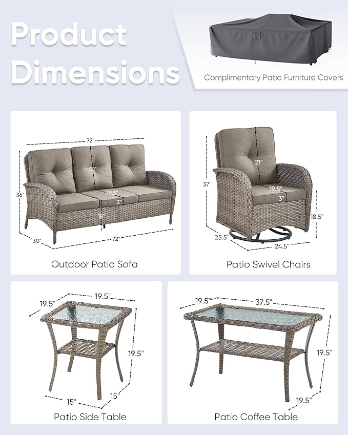 5 Pieces Wicker Patio Furniture Set-Outdoor Swivel Rocker Patio Chairs Patio Sofa Set with Tempered Glass Top Outdoor Coffee Table for Deck Lawn Porch Balcony Poolside-Grey/Grey