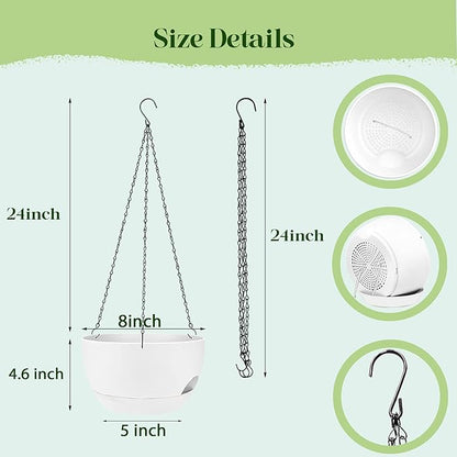 Set of 4-8 Inch Self Watering Hanging Planters for Indoor Outdoor，Hanging Plant Pots with Drainage & Removable Tray, Hanging Pots Holder for Ivy, Pothos, Ferns, Balcony & Patio, White