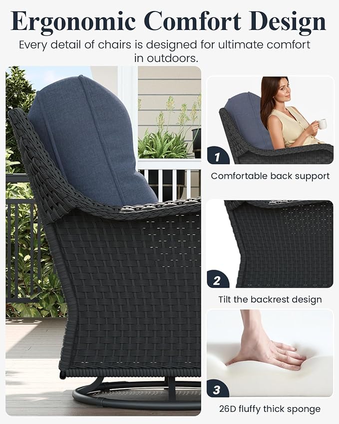 LayinSun 6 Piece Wicker Outdoor Furniture Set with 6-inch Comfy Cushions, High Back Patio Furniture Set with Swivel Rocking Chairs and Side Table