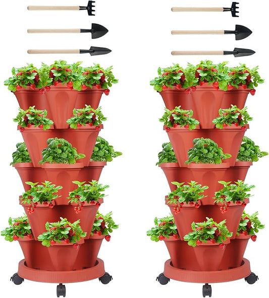 GameXcel Vertical Planter - 5 Tier Stackable Planter-Red 2 Pack