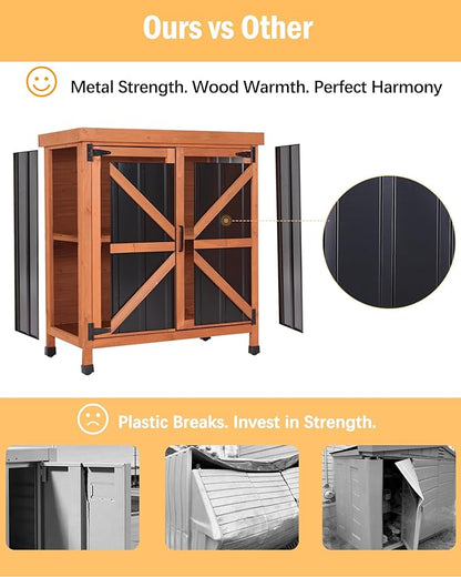 Black Metal Outdoor Storage Cabinet with X-Design Doors & Wood Frame, Metal Top Potting Bench Weatherproof for Patio, Garden & Backyard, 31.5"x 17.7"x 35.4"Tool Outdoor Shed