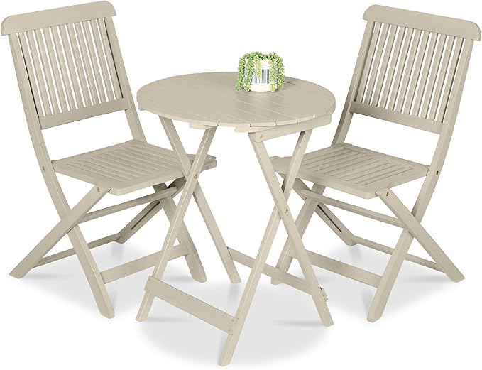 Best Choice Products 3-Piece Acacia Wood Bistro Set, Folding Patio Furniture for Backyard, Balcony, Deck w/ 2 Chairs, Round Coffee Table, Teak Finish - Cream