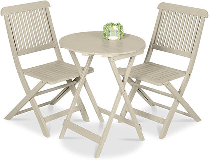 Best Choice Products 3-Piece Acacia Wood Bistro Set, Folding Patio Furniture for Backyard, Balcony, Deck w/ 2 Chairs, Round Coffee Table, Teak Finish - Cream