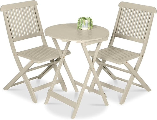 Best Choice Products 3-Piece Acacia Wood Bistro Set, Folding Patio Furniture for Backyard, Balcony, Deck w/ 2 Chairs, Round Coffee Table, Teak Finish - Cream
