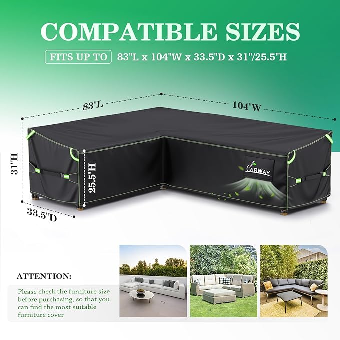 UIRWAY L-Shaped Outdoor Couch Cover Waterproof with Air Vent, 83" L/104" L x 33.5" D x 31" H (Right Side Long), Heavy Duty Outdoor Sectional Sofa Cover, Patio Furniture Covers with Reflective Strips