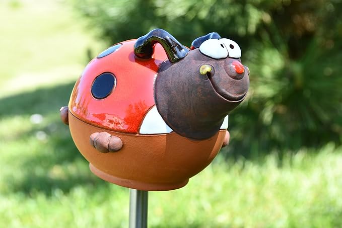 Ceramic Garden Decor - Ladybird Lawn stake - Outdoor statue - Perfect, unique gifts for gardeners woman, men, yard gifts - Handmade, Frostproof