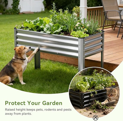 COMHOMA 2 Pack Raised Garden Bed with Legs 4x2x2.5ft,Large Elevated Galvanized Metal Planter Box with Drainage Holes,Outdoor Growing Kit with Gloves Tools for Backyard Patio Lawn,Sliver