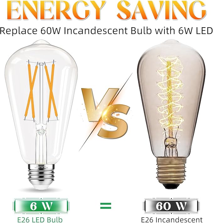 E26 Bulb, Non-Dimmable Edison Bulbs 60 watt LED Equivalent, 2700K Warm White, ST58 Vintage Light Bulbs, 90+ CRI, 6W 600LM, E26 Medium Base, Clear Glass, 18 Pack