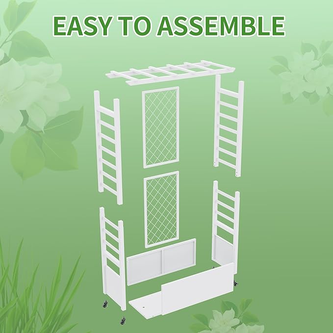 74" Mobile Planter with Trellis,Weatherproof Vertical Raise Garden Bed with Trellis & Hanging Roof for Climbing Plants,Flowers,Vegetables,Rust-Proof Metal Privacy Planter for Patio (White-A)