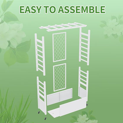 74" Mobile Planter with Trellis,Weatherproof Vertical Raise Garden Bed with Trellis & Hanging Roof for Climbing Plants,Flowers,Vegetables,Rust-Proof Metal Privacy Planter for Patio (White-A)