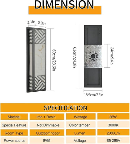 Outdoor Wall Light LED 26W 24.8in Black Metal - Rectangle Modern ExteriorLight Fixture with Resin Shade,Waterproof Porch Lighting Brightens to Garage,Front Door,Patio