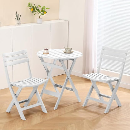 Plastic Folding Bistro Set, 3 Piece Patio Bistro Set, Portable Indoor Outdoor Table and Chairs with Backrest, Foldable Patio Furniture Set for Balcony, Porch, Backyard, Garden,Poolside (White)