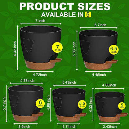 5-Pack Plant Pots with Drainage 7/6.5/6/5.5/5 Inch Self Watering Pots for Indoor Outdoor Plants, Plastic Flower Pots with Drainage Holes and Removable Saucers, Plant Pots with Wicking Rope (Black)