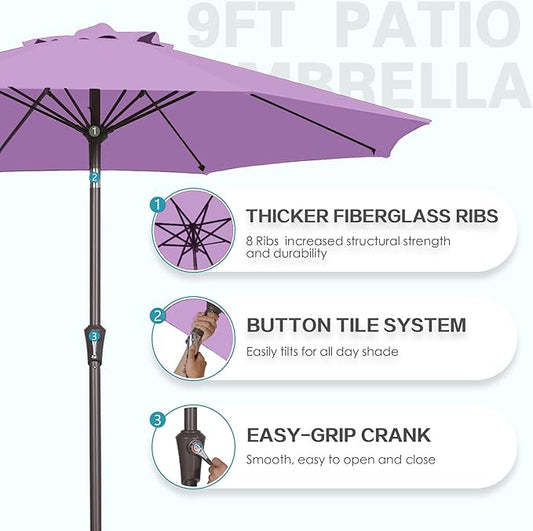 PatioKingdom 9FT Patio Outdoor Umbrella-UPF 50+ Sun Shade with Wind Vent, Push-Button Tilt & Smooth Crank Lift, Rust-Resistant Fiberglass Frame for Garden, Backyard,Yard (Taro Purple, 9FT)