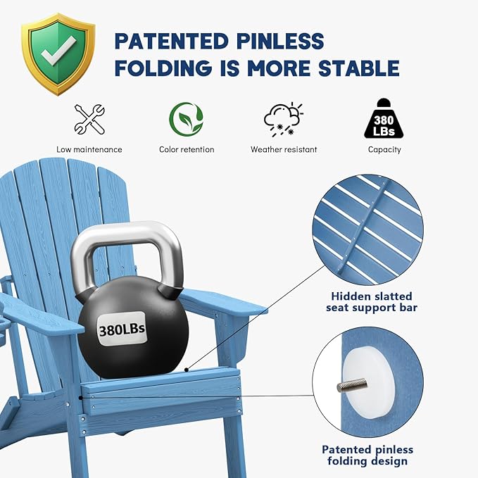 Plawdlik Folding Adirondack Chair Set of 2 with Cup Holder,Heavy All-Weather,Wooden Textured,HDPE Outdoor Chairs, Patio Backyard Fire Pit, Light Blue