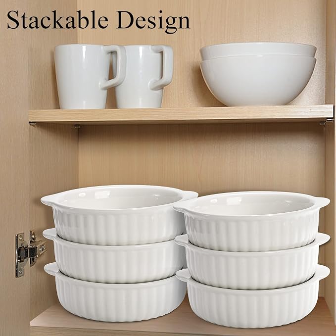 14 oz Porcelain Ramekins Oven Safe, 6 Pack Large Ceramic Creme Brulee Souffle Baking Dishes with Handle, 5 Inch French Onion Soup Bowls for Ramen, Stew, Lava Cakes, Pot Pie, White