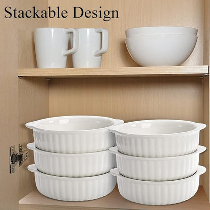 14 oz Porcelain Ramekins Oven Safe, 6 Pack Large Ceramic Creme Brulee Souffle Baking Dishes with Handle, 5 Inch French Onion Soup Bowls for Ramen, Stew, Lava Cakes, Pot Pie, White