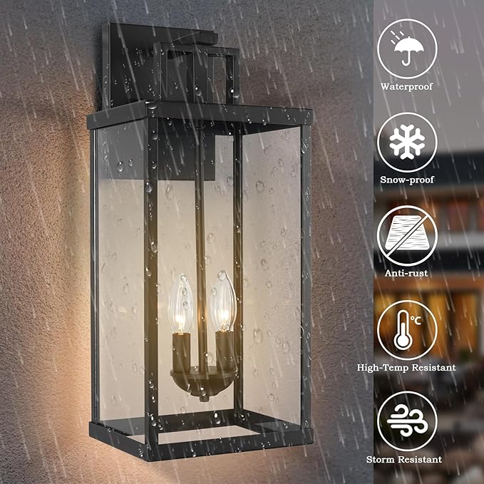 Outdoor Lantern, 21 Inch Exterior Waterproof Wall Sconce Light Fixture, Black Front Porch Light with Clear Glass, Modern Outside Lamp for Patio Doorway