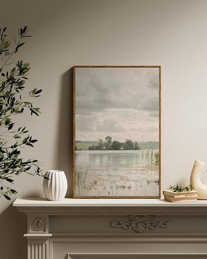InSimSea Framed Canvas Prints Art Vintage Decor, Countryside Lakeside Landscape Paintings, Large Prints, Vintage Retro Wall Decorations for Bathroom Bedroom Living Room, 16"x24"