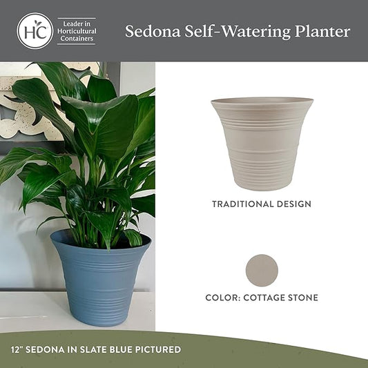 The HC Companies 14 Inch Sedona Round Self Watering Planter Pots, Lightweight UV-Resistant Plastic Indoor & Outdoor Planters, 2-Pack Flower Pots for Garden & Home Decor, Cottage Stone