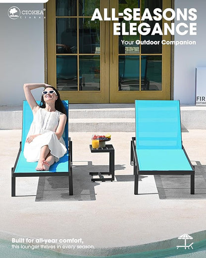 Ciokea Aluminum Chaise Lounge Chair Outdoor with Wheels, Patio Lounge Chair with Adjustable 5-Position Recliner and Full Flat Tanning Chair for Patio, Beach, Pool, Lake Blue