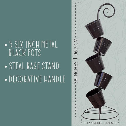 Hanging Flower Pot Tiered Stand (Black), Metal Outdoor Stacking Planter