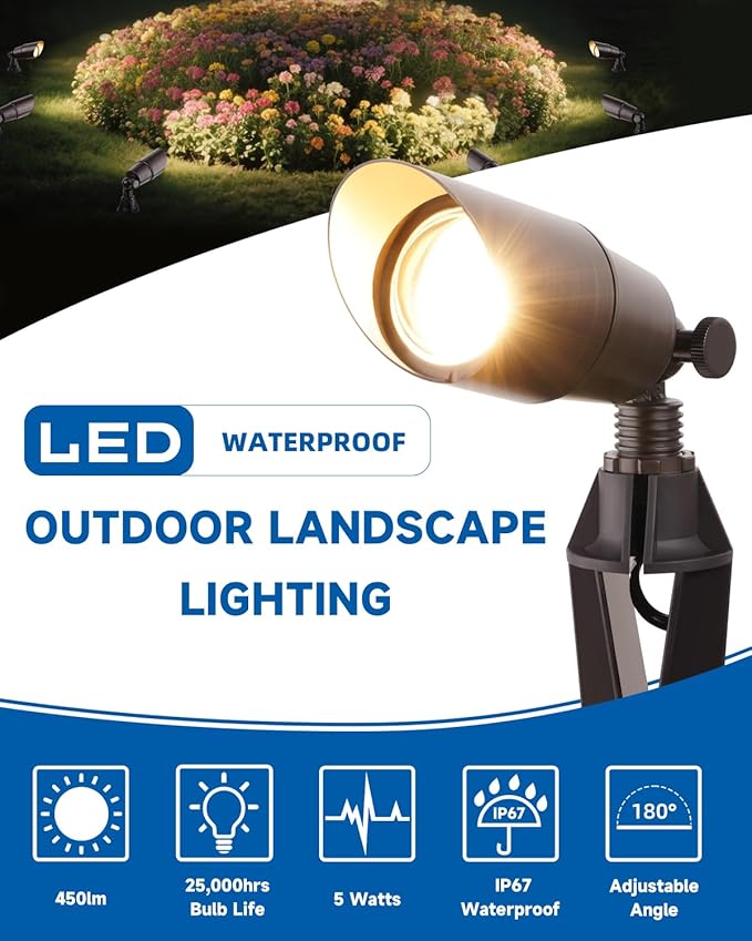 Brass Landscape Spotlights: Solid Brass Landscape Lights, Waterproof 12V Low Voltage Spot Lights with 5W MR16 LED Bulb (Warm White) for Garden, Patio, Lawn & Yard 4-Pack