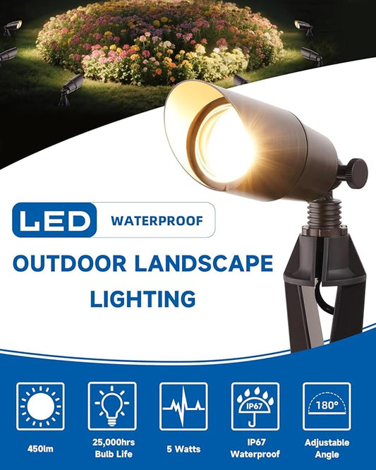 Brass Landscape Spotlights: Solid Brass Landscape Lights, Waterproof 12V Low Voltage Spot Lights with 5W MR16 LED Bulb (Warm White) for Garden, Patio, Lawn & Yard 4-Pack