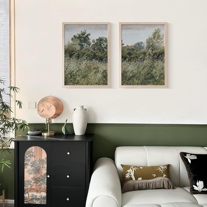 Framed Vintage Canvas Wall Art Nature Scenery Tranquil Outdoor Greenery Poster Picture Countryside Painting Natural Landscape Modern Home Print Living Room Gallery Ready to Hang 16x24 inches x2