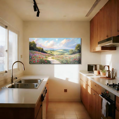 SERIMINO Oversized Wall Art, Landscape Wall Art, Rustic Green Scenic Decor, Spring Wildflowers Picture Prints, Hillside Grassland Paintings for Living Room Bedroom Dining Room Hallway Farmhouse Hotel 29"x57"