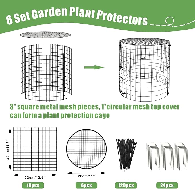Garden Plant Protectors from Animals,Metal Plant Cage Chicken Wire Cloche with Ground Stakes and Nylon Tie,Garden Plant Protectors for Flower Vegetable to Keep Animals Out-11.8"x 12.6" (6)
