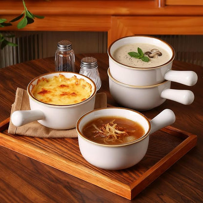 MONITO 26 Oz French Onion Soup Bowls, Ceramic Soup Bowls with Handles, Stackable Soup Crocks, Oven/Microwave/Dishwasher Safe, for Cereal, Soups, Casseroles