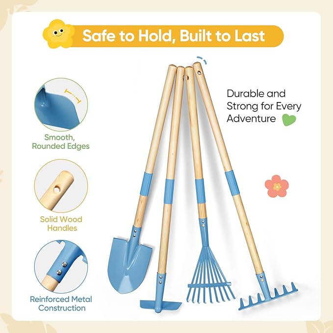 Kids Gardening Set with Wheelbarrow, 11-Piece Outdoor Yard, Beach, STEM Garden Play Kit with Child-Sized Tools, Durable, Safe & Fun Gift Toy for Ages 2+ Kids Toddlers Boys Girls (Gray)