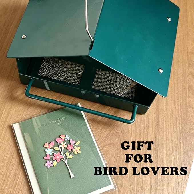 All-Metal Platform Bird Feeder for Outdoors, Dark Green Rustproof Hanging Bird Feeder with Double-Sided Long Perches, Weatherproof Wild Bird Feeder for Small Birds, Compact Garden Decor