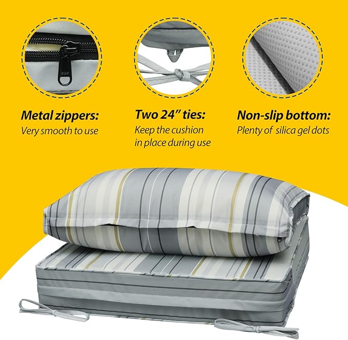 AAAAAcessories Outdoor Seat Cushions for Chairs, Fade-Resistant, Waterproof Patio Furniture Replacement Cushions, 25.5" x 25.5" x 5" + 25.5" x 13.5", Ash Blue Harbor Stripe