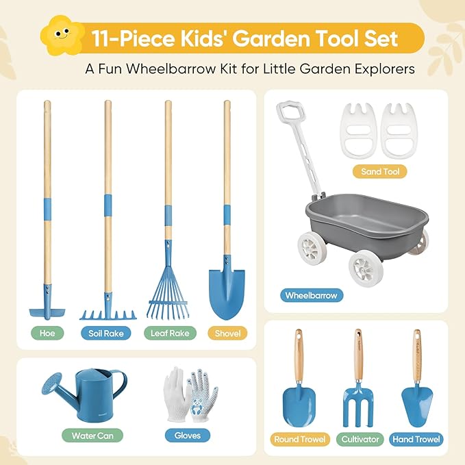 Kids Gardening Set with Wheelbarrow, 11-Piece Outdoor Yard, Beach, STEM Garden Play Kit with Child-Sized Tools, Durable, Safe & Fun Gift Toy for Ages 2+ Kids Toddlers Boys Girls (Gray)