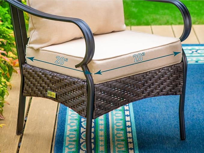 PHI VILLA Outdoor Dining Chairs Set of 2, Heavy Duty Outdoor Metal Wicker Dining Chair with Padded Cushions, Large All Weather Wrought Iron Patio Chair for Balcony