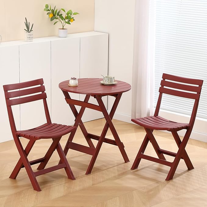 Patio Bistro Set, 3 Piece Plastic Folding Bistro Set, Portable Outdoor Patio Table and Chairs Set, Foldable Patio Furniture Set for Balcony, Porch, Backyard, Garden,Poolside (Red)