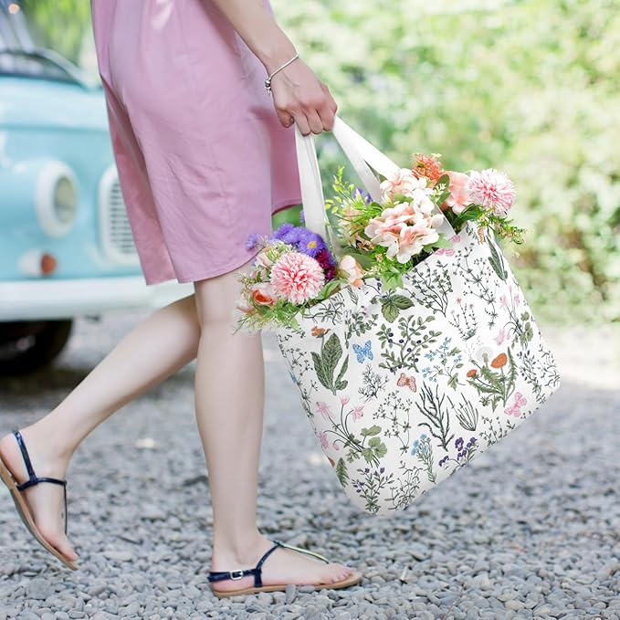 Bencailor 2 Pcs Spring Flower Canvas Tote Bags Reusable Wildflowers Herbs Plant Grocery Bags for Women Shopping Spring Gifts(Classic)