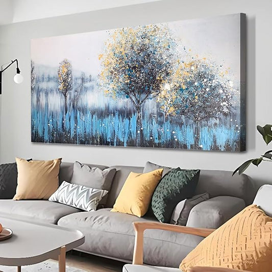 Arjun Tree Wall Art Canvas Teal Landscape Painting Blue Forest Textured Picture Modern Panoramic Abstract Nature Artwork Large Size Framed for Living Room Bedroom Bathroom Home Office Wall Decor