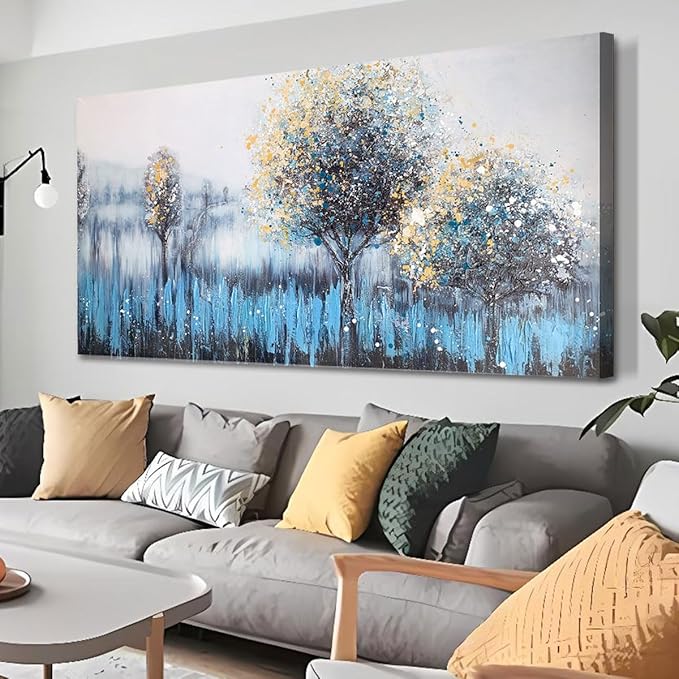 Arjun Large Canvas Wall Art for Living Room Landscape Bedroom Teal Painting Forest Textured Picture Modern Panoramic Nature Artwork Home Office Wall Decor, 48"x24"