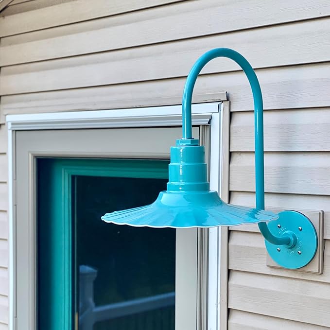 Steel Lighting Co. Highland Park Barn Light | Outdoor Wall Mounted | 16 inch Radial Wave | 16 inch Gooseneck | Vintage Style Made in America | Matte Black Exterior/Matte Black Interior
